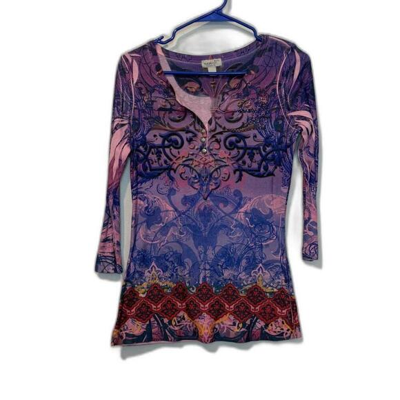 Tops - Y2K Style Purple Multi color Print All over Henley T-Shirt